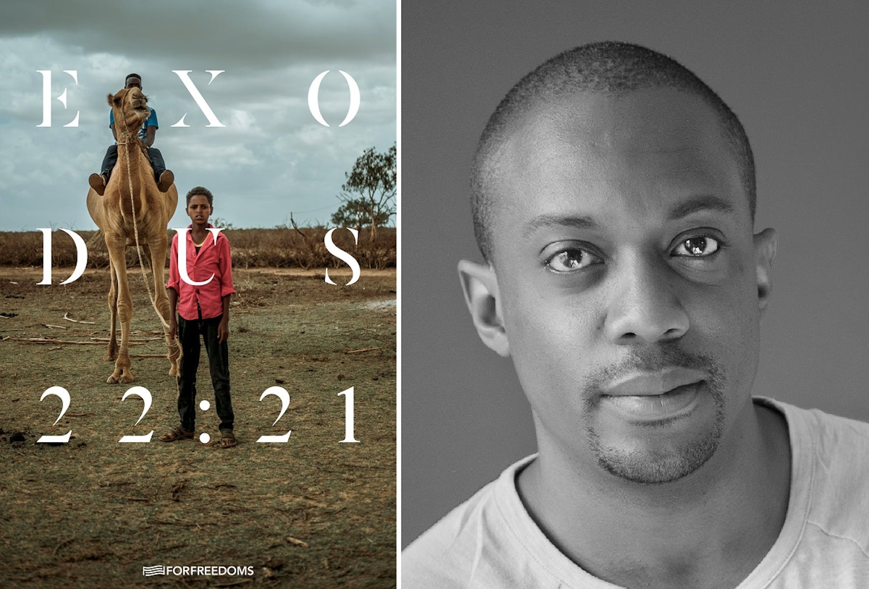 An photograph of a young boy on a camel and a young boy standing in front of them, with the text EXODUS 22:21 overlayed on them. A portrait photograph of the artist Hank Willis Thomas.
