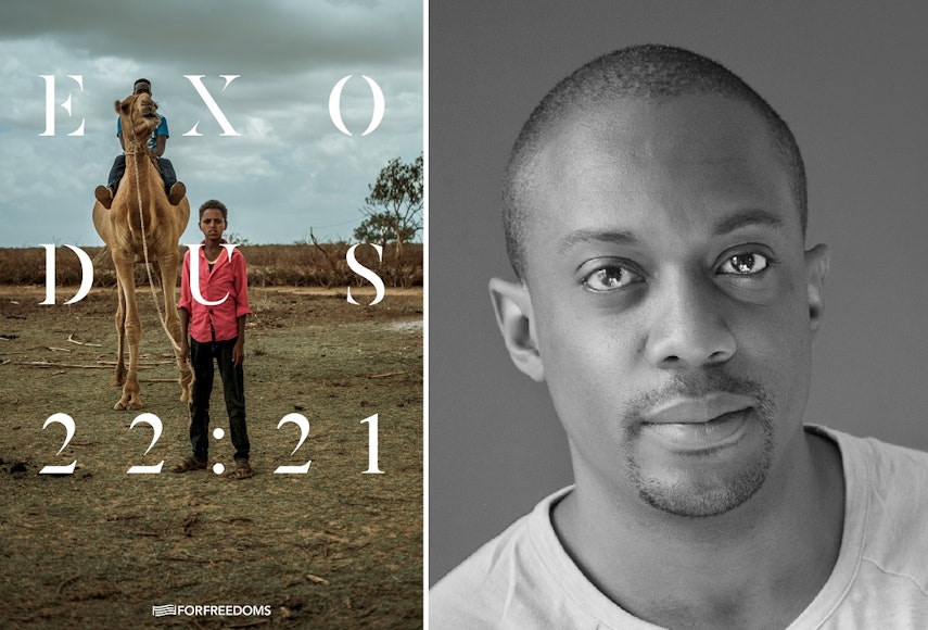An photograph of a young boy on a camel and a young boy standing in front of them, with the text EXODUS 22:21 overlayed on them. A portrait photograph of the artist Hank Willis Thomas.