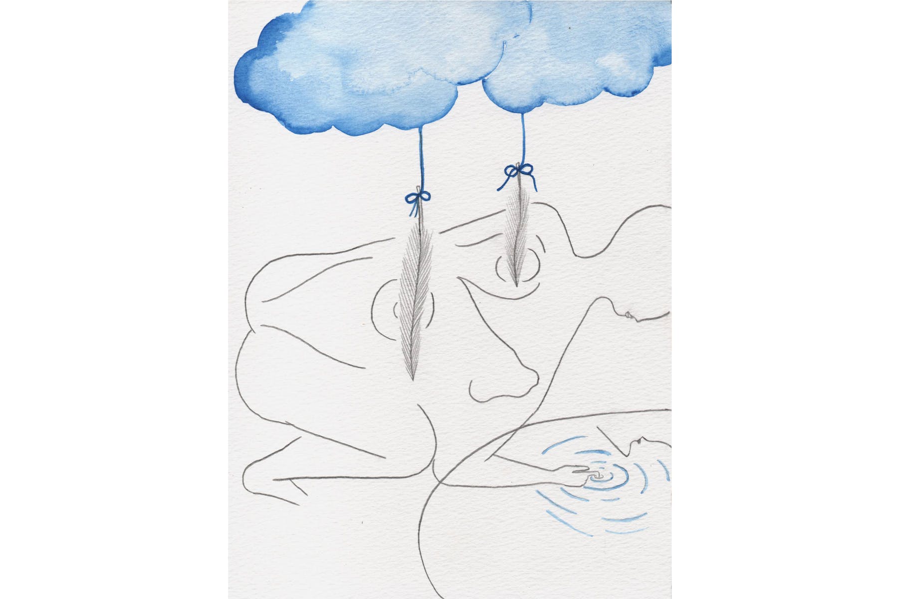 A line drawing and watercolor on white paper. Two blue watercolor clouds are attached to feathers that touch the back of a figure crouched over a circular surface.