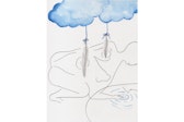 A line drawing and watercolor on white paper. Two blue watercolor clouds are attached to feathers that touch the back of a figure crouched over a circular surface.