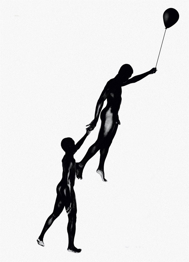 A drawing of a nude, black adult being lifted into the air by a single balloon they are holding while another blck figure reachs out at them.