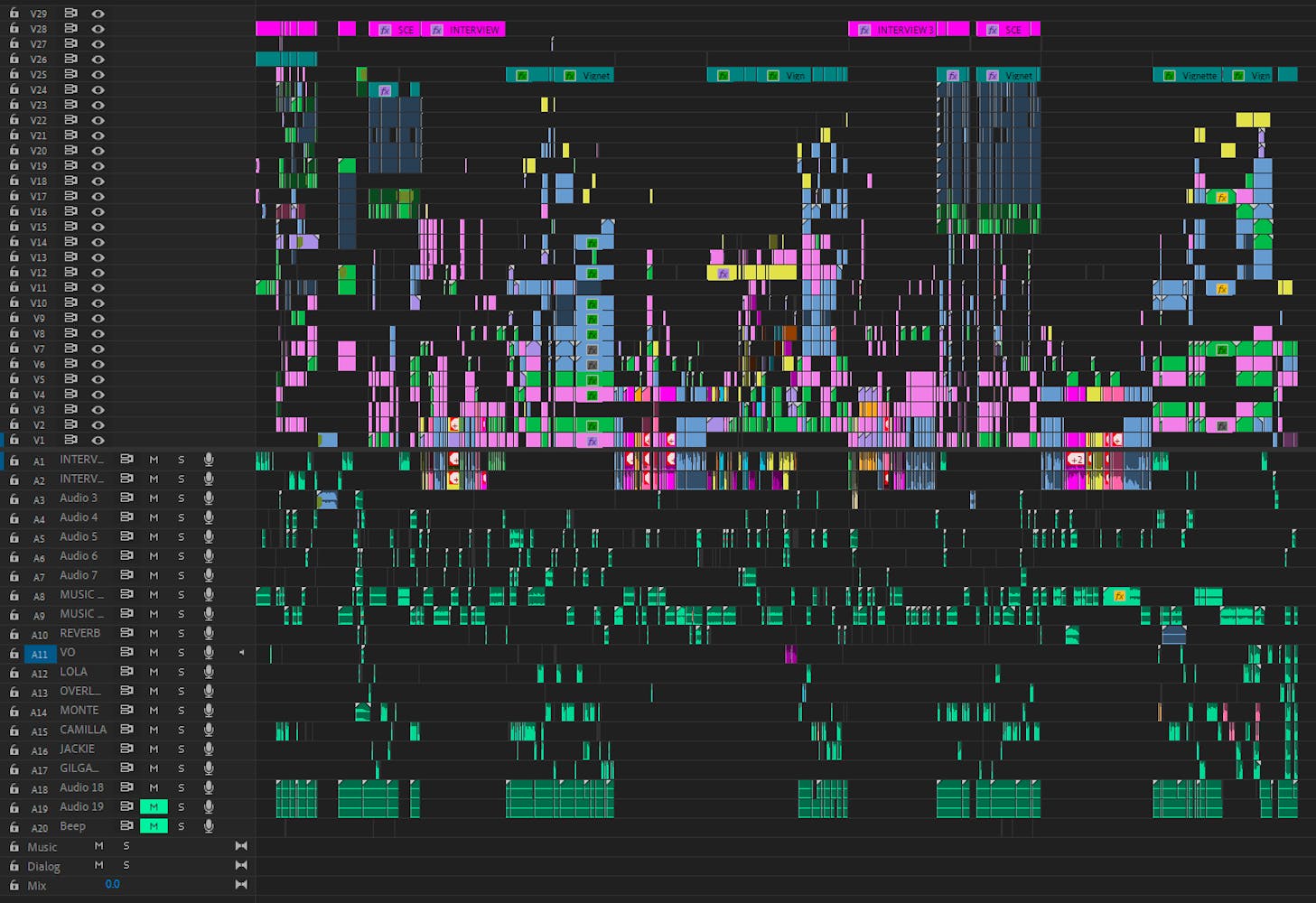 Screenshoot of a very complex editing timeline.