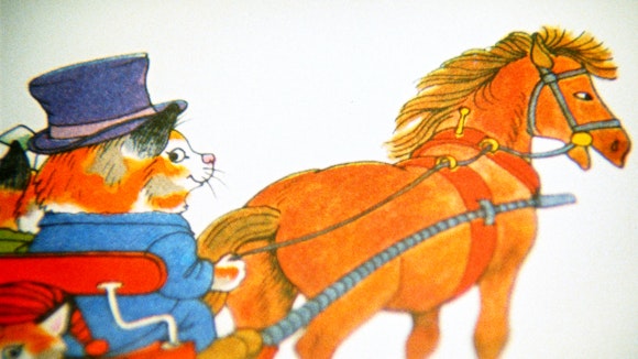 Colorful illustration of a cat in a top hat steering a horse-drawn carriage