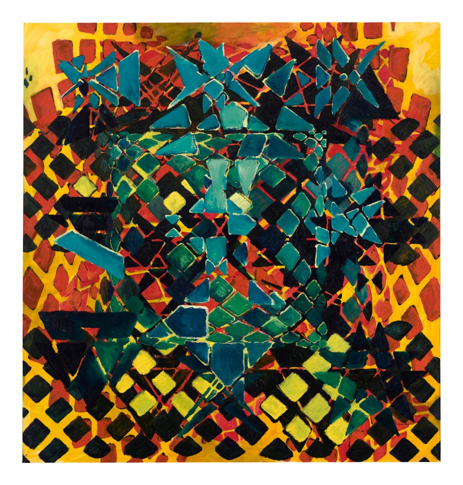 Abstract geometric forms in blue, black, and red on top of a yellow background.