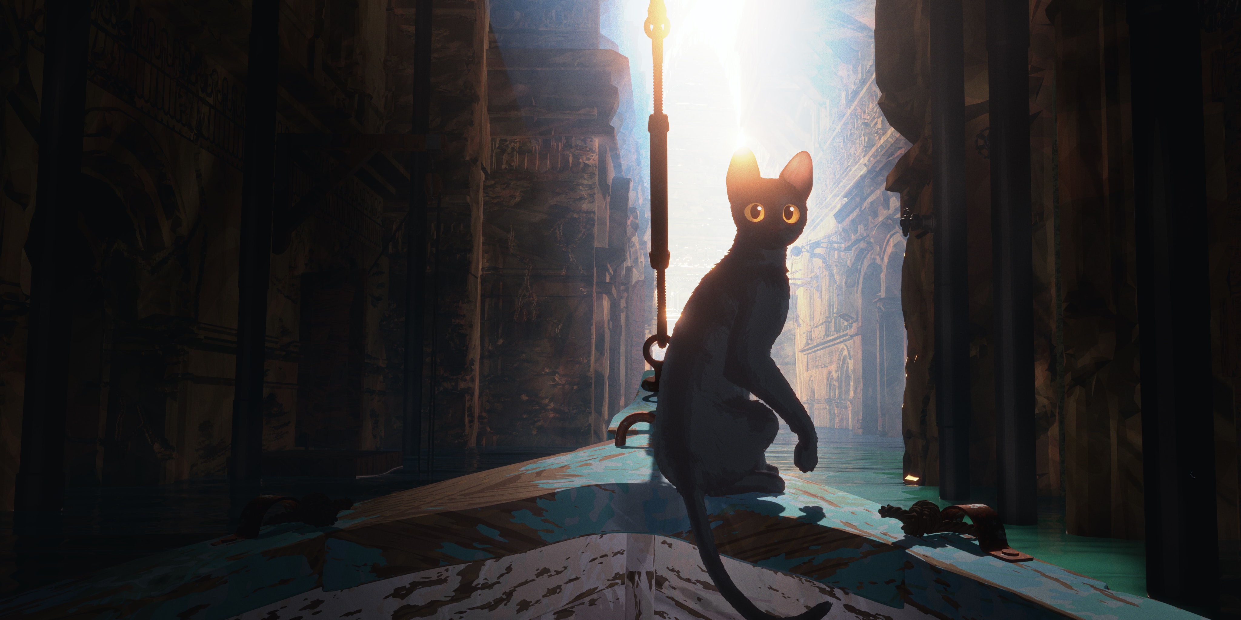 An animation still of a black cat sitting on its hind legs looking back, while on a weathered boat floating between old stone buildings.