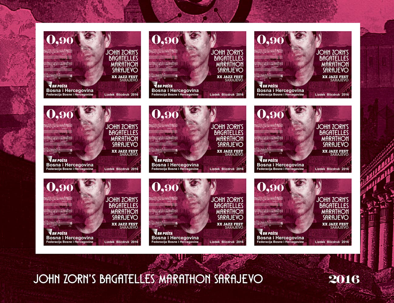 This composite image shows a three by three block of dark and light pink postage stamps with white boarders. The image of a man is on the stamps and the numbers 0, 90. Text on the image reads John Zorn's Bagatelles Marathon Sarajevo 2016.
