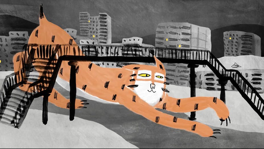 Illustration of tiger under a bridge