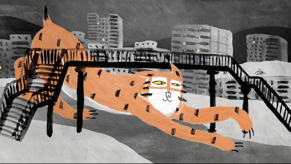 Illustration of tiger under a bridge