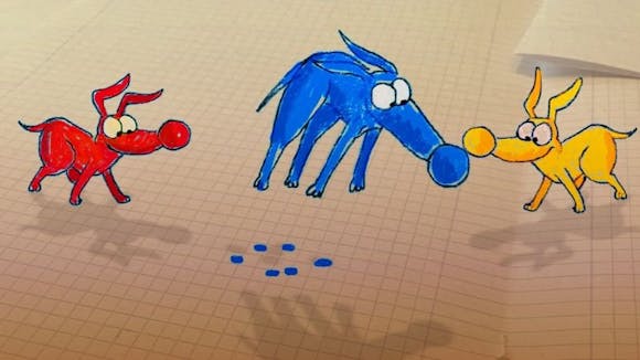 Illustration of blue, red, and yellow fantastical animals