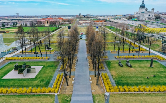 An arial view of the Minneapolis Sculpture Garden grounds in spring.