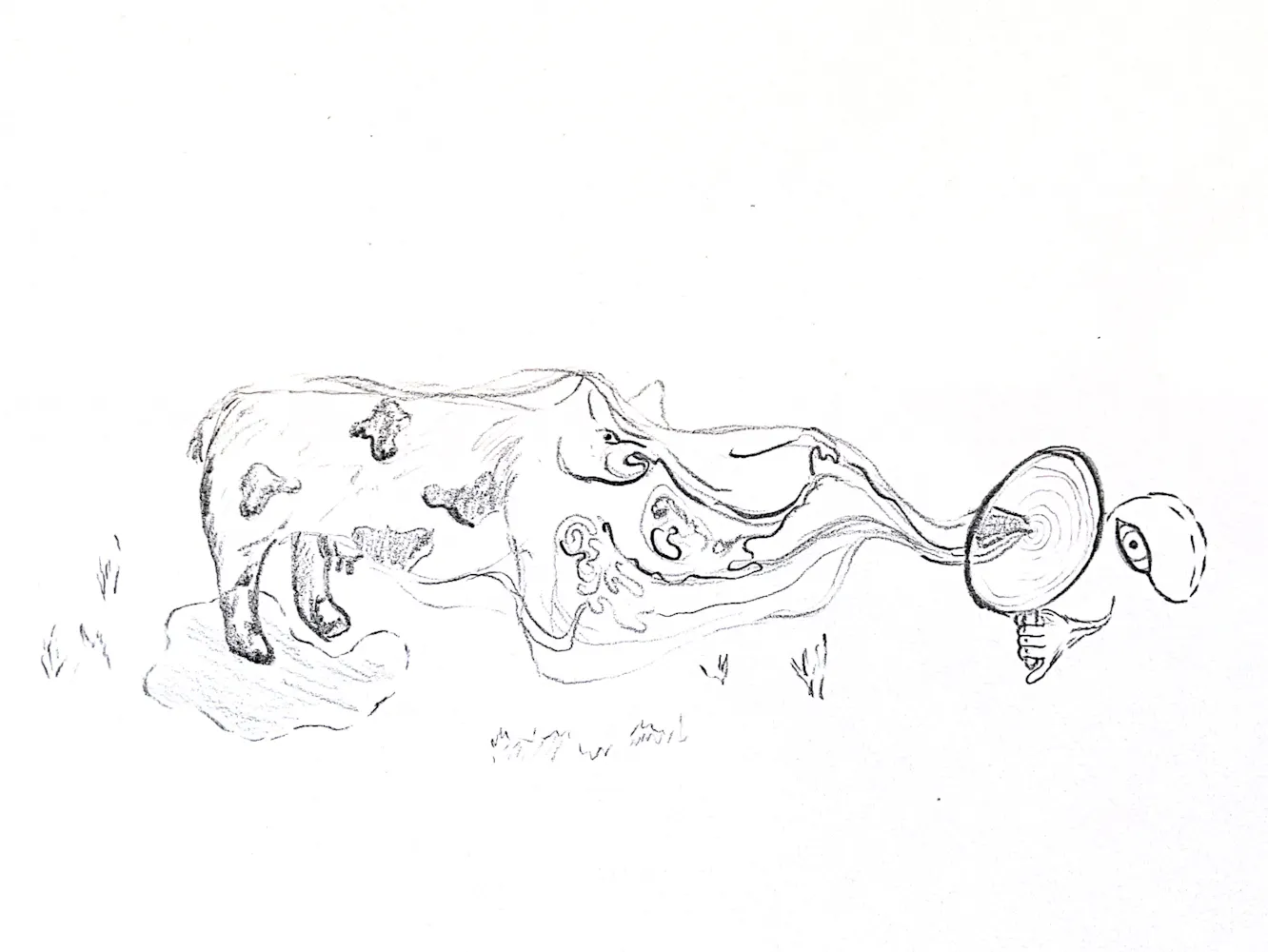 Pencil draing of a cow being sucked into a swirling disc held by a floating hand with an eye looking at it.