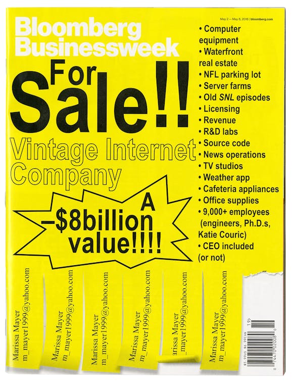Bright yellow magazine cover designed like a "for sale" flyer for Bloomberg Businessweek