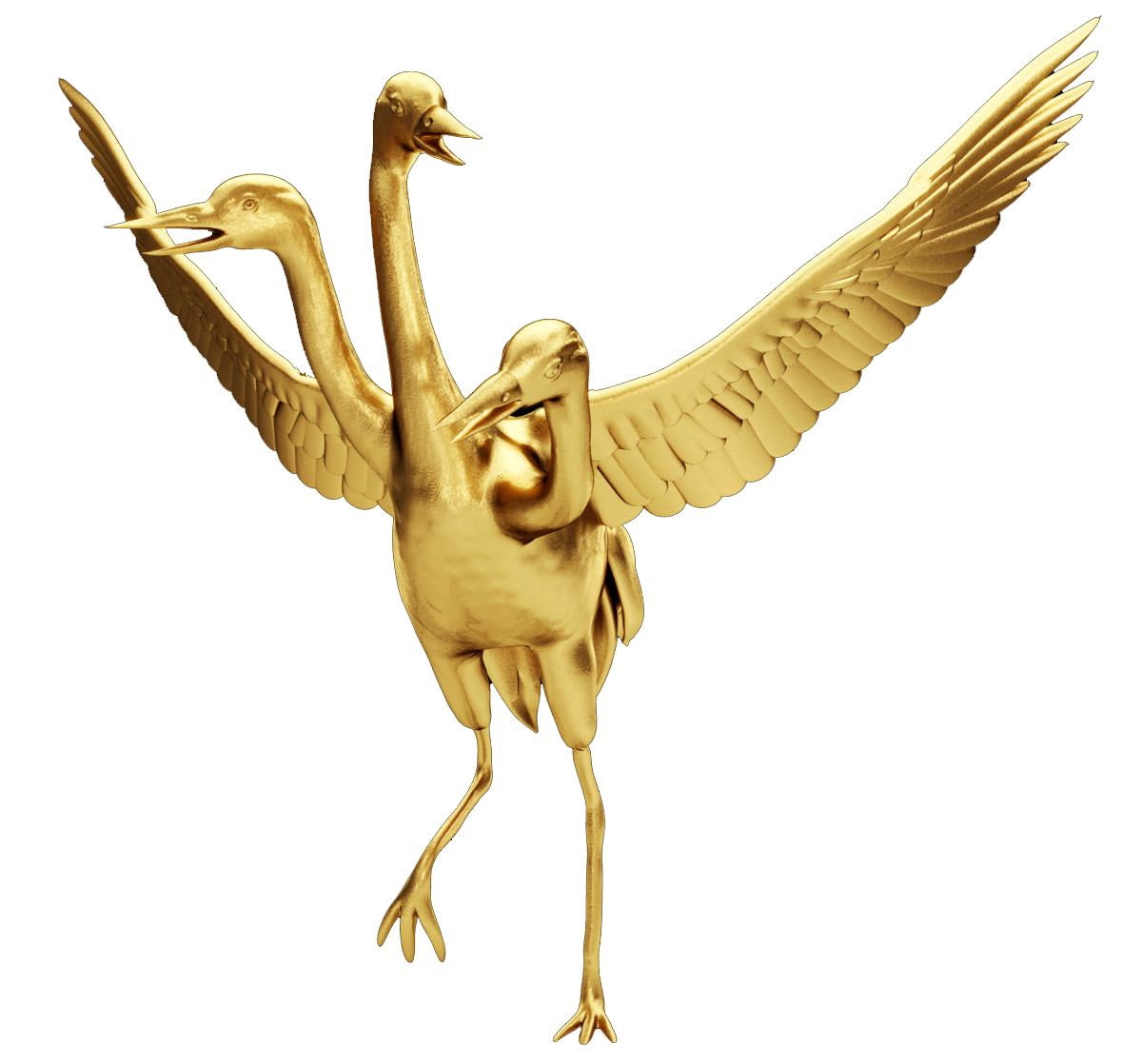 3-d rendering of a golden crane with three heads