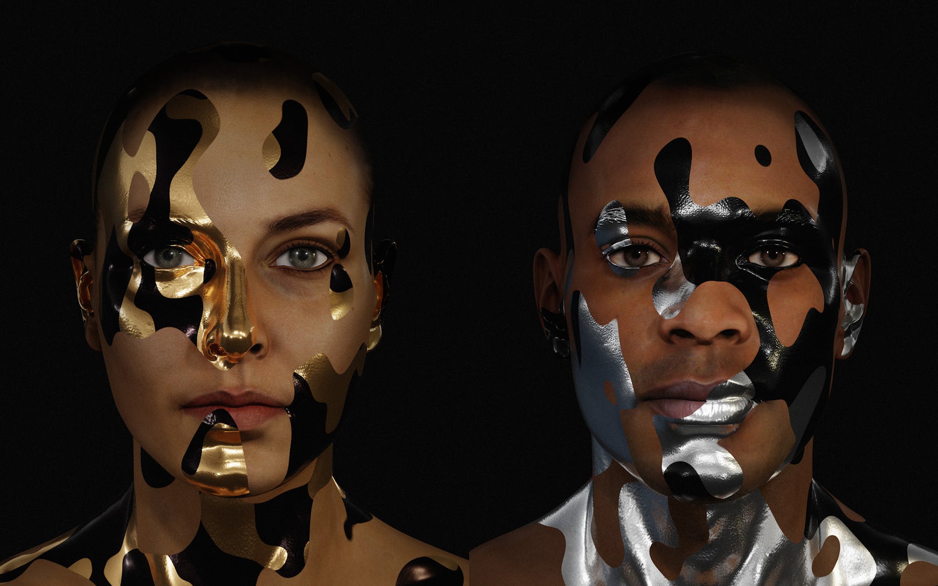 Image of woman and man with metallic camouflage-like face paint