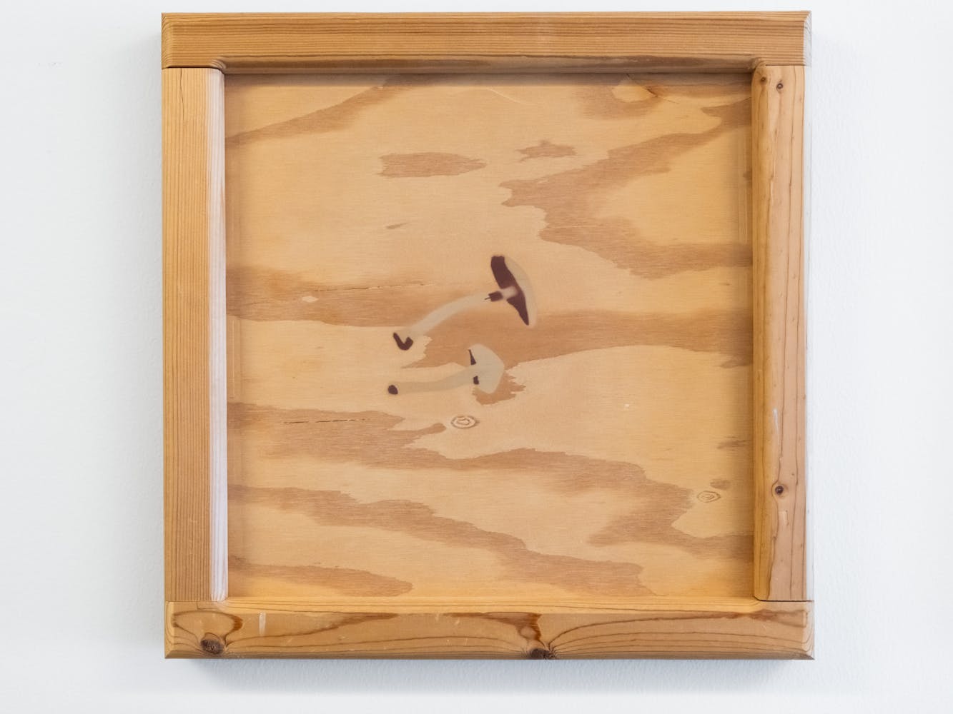 A wood square peice of art with hand painted mushrooms in the center.