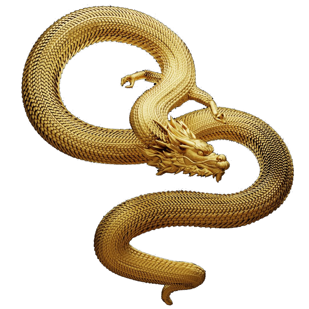 3-d rendering of a golden dragon with an elongated, S-shaped body