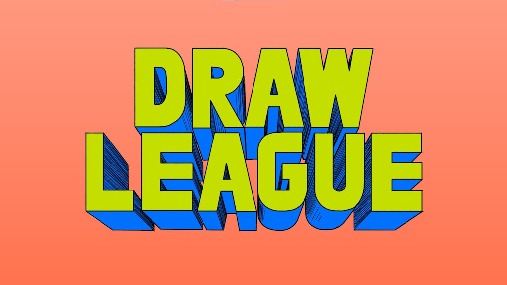 The words Draw League in lime green against a pink background fill the center of the image.
