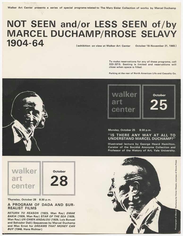 A flyer for an exhibition with two men's faces merged together.