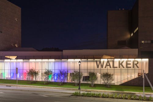 Evening exterior shot of Walker Art Center.