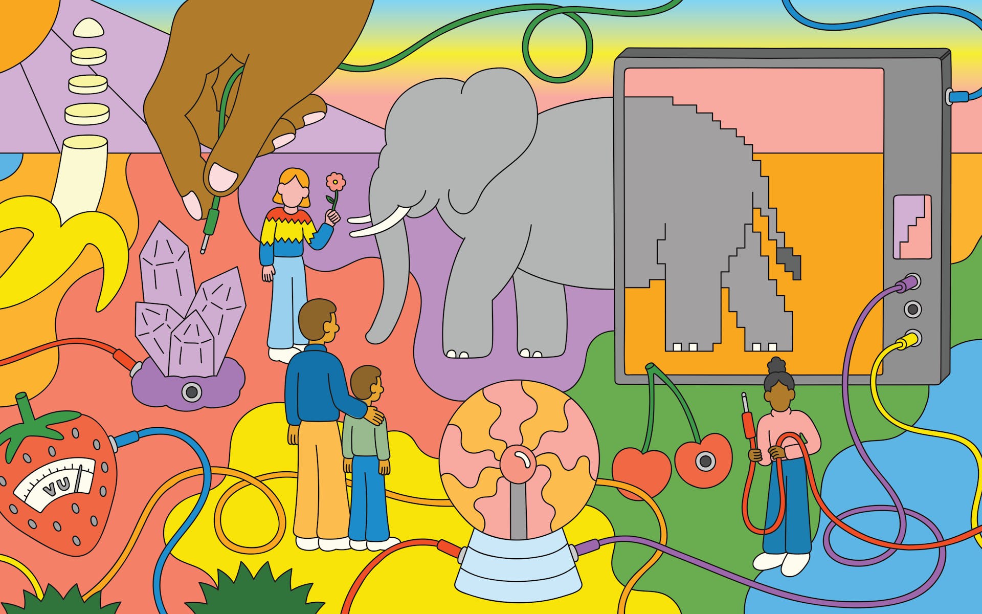 Colorful illustration depicting fantastical setting including elephant, cherries, figure holding flower, hand holding electrical plug, etc.
