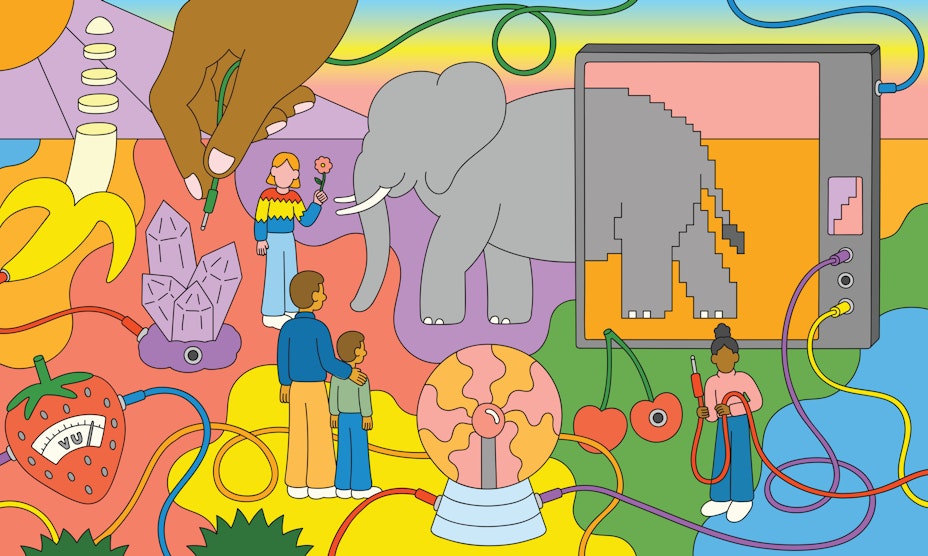 Colorful illustration depicting fantastical setting including elephant, cherries, figure holding flower, hand holding electrical plug, etc.
