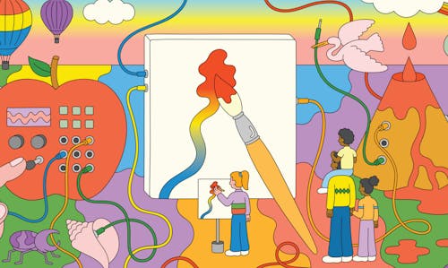 Colorful, fantastical illustration of girl painting on canvas with parent and child watching