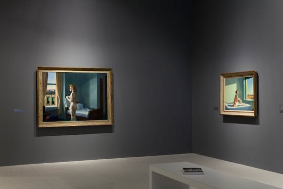 View of the exhibition Hopper Drawing: A Painter’s Process, 2014; (left to right): Edward Hopper, Morning in a City, 1944; Edward Hopper, Morning Sun, 1952