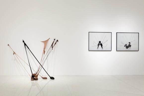 View of the exhibition Radical Presence: Black Performance in Contemporary Art, 2014; (left to right): Senga Nengudi, Untitled (RSVP), 2013; Senga Nengudi, Performance Piece, 1978
