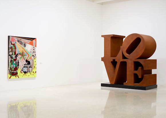 View of the exhibition 75 Gifts for 75 Years, 2015; (left to right): Lari Pittman, This Desire, Beloved and Despised, Continues Regardless, 1989; Robert Indiana, LOVE, 1966-1998