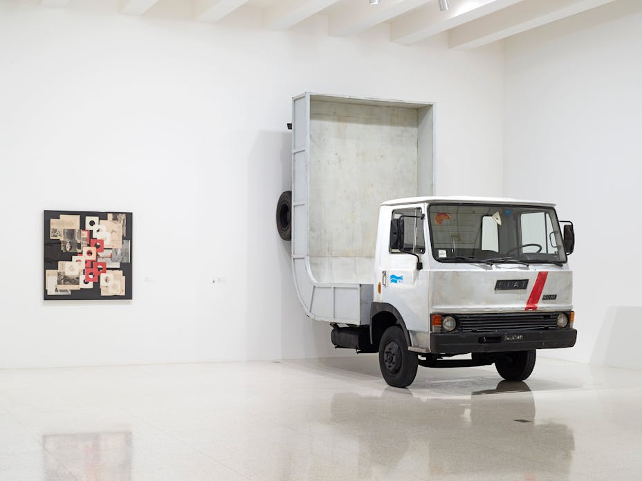 View of the exhibition 75 Gifts for 75 Years, 2015; (left to right): Tom Burr, Bazaar Life, 2009; Erwin Wurm, Truck (Baltic), 2005