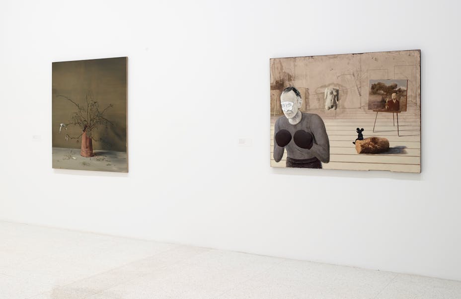 View of the exhibition 75 Gifts for 75 Years, 2015; (left to right): Michael Borremans, Magnolias, 2013; Llyn Foulkes, I Got a Job to Do, 2003