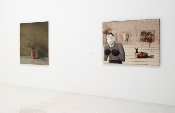View of the exhibition 75 Gifts for 75 Years, 2015; (left to right): Michael Borremans, Magnolias, 2013; Llyn Foulkes, I Got a Job to Do, 2003
