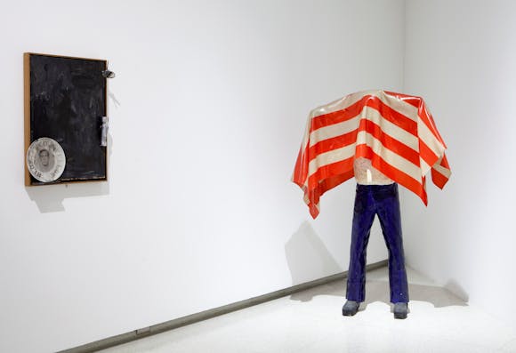 View of the exhibition International Pop, 2015; (left to right): Jasper Johns, Souvenir, 1964; Kojima Nobuaki, Untitled (Figure), 1976