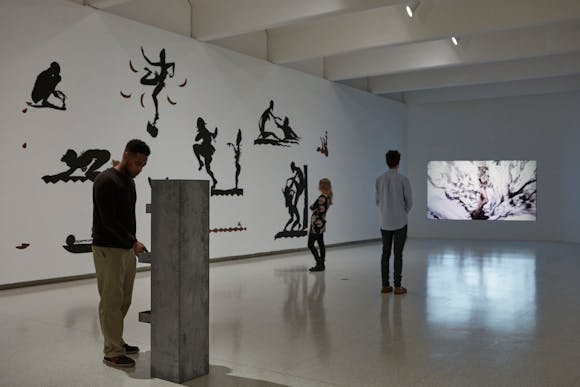 View of the exhibition Less Than One, 2016; (left to right) Kara Walker, Endless Conundrum, An African Anonymous Adventuress, 2001; Trisha Donnelly, Untitled, 2014 (Photo: Gene Pittman, ©Walker Art Center)