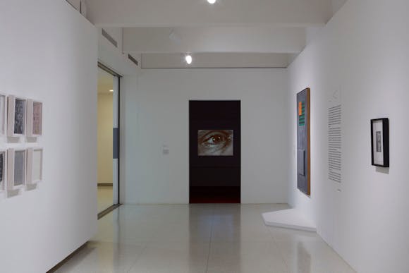 View of the exhibition Less Than One, 2016; (left to right): James Richards, Radio at Night, 2015; Jasper Johns, Flags, 1965 (Photo: Gene Pittman, ©Walker Art Center)