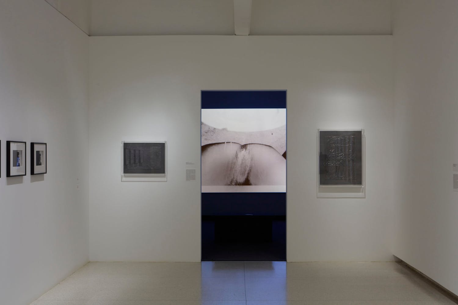 View of the exhibition Less Than One, 2016; (left to right): Jasper Johns, Flag, 1969; James Richards, Rosebud, 2013; Jasper Johns, 0 through 9, 1970 (Photo: Gene Pittman, ©Walker Art Center)