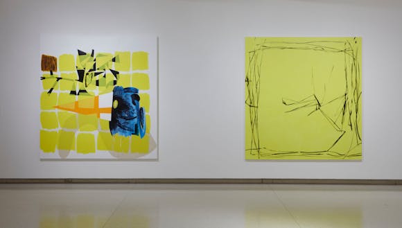 View of the exhibition Less Than One, 2016; (left to right): Charline von Heyl, Children's Encyclopedia, 2014; Charline von Heyl, Bois-Tu De La Bier?, 2012 (Photo: Gene Pittman, ©Walker Art Center)