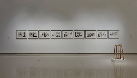 View of the exhibition Less Than One, 2016; (background): Lutz Bacher, The Lee Harvey Oswald Interview, 1976; (right) Sigmar Polke, Apparat, mit dem eine Kartoffel eine andere umkreisen kann, 1969 (Photo: Gene Pittman, ©Walker Art Center)