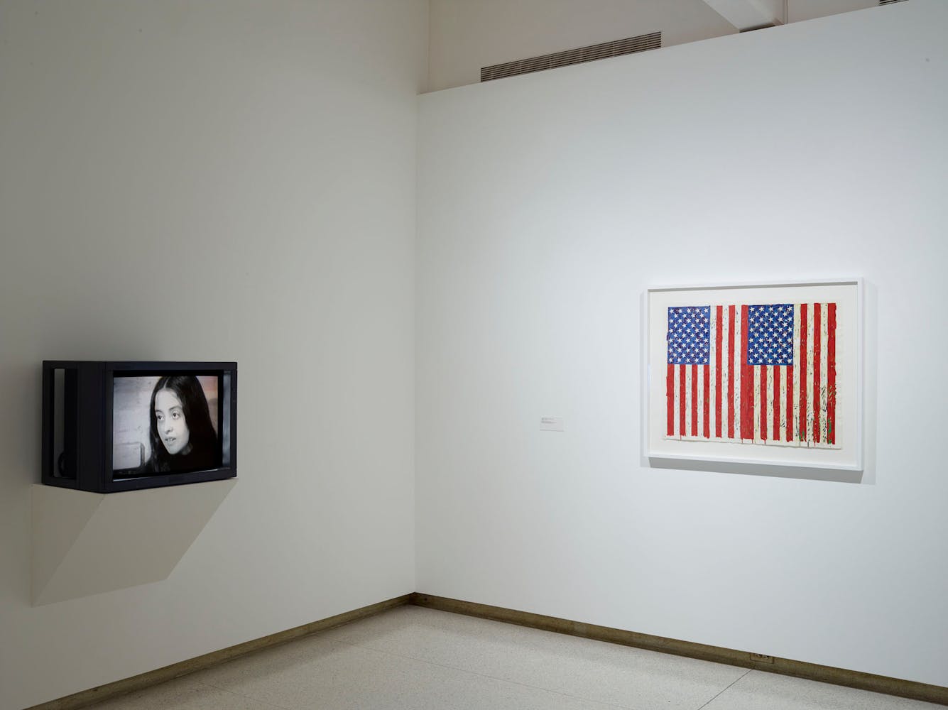 View of the exhibition Less Than One, 2016; (left to right): Adrian Piper, The Mythic Being, 1973; Jasper Johns, Flags I, 1973 (Photo: Gene Pittman, ©Walker Art Center)