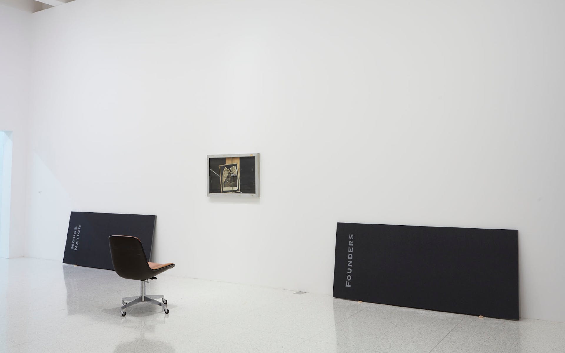 View of the exhibition Question the Wall Itself, 2016; (left to right) Theaster Gates, House Nation Plaque, 2016; Theaster Gates, A Maimed King, 2012; Theaster Gates, Founder’s Plaque, 2016 (Photo: Gene Pittman, ©Walker Art Center)