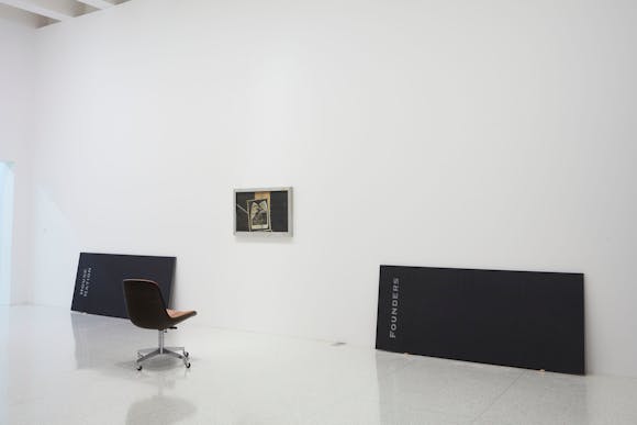View of the exhibition Question the Wall Itself, 2016; (left to right) Theaster Gates, House Nation Plaque, 2016; Theaster Gates, A Maimed King, 2012; Theaster Gates, Founder’s Plaque, 2016 (Photo: Gene Pittman, ©Walker Art Center)