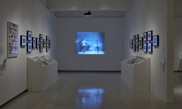 Gallery showing Merce Cunningham art works on display.