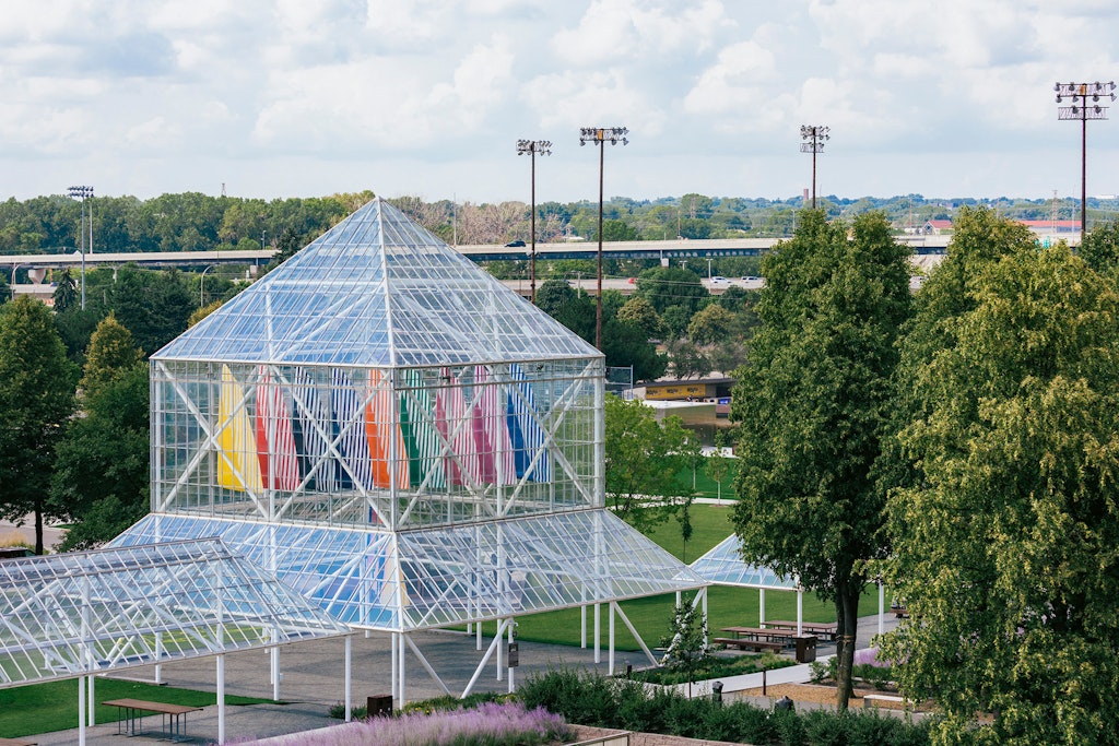 Daniel Buren's sails hanging in the Cowles Pavilion in the Minneapolis Sculpture Garden.