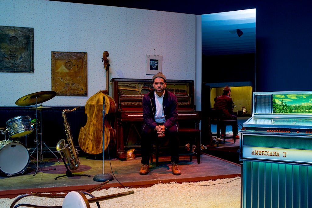Jason Moran in his “set” sculpture STAGED: Slugs’ Saloon (2018)