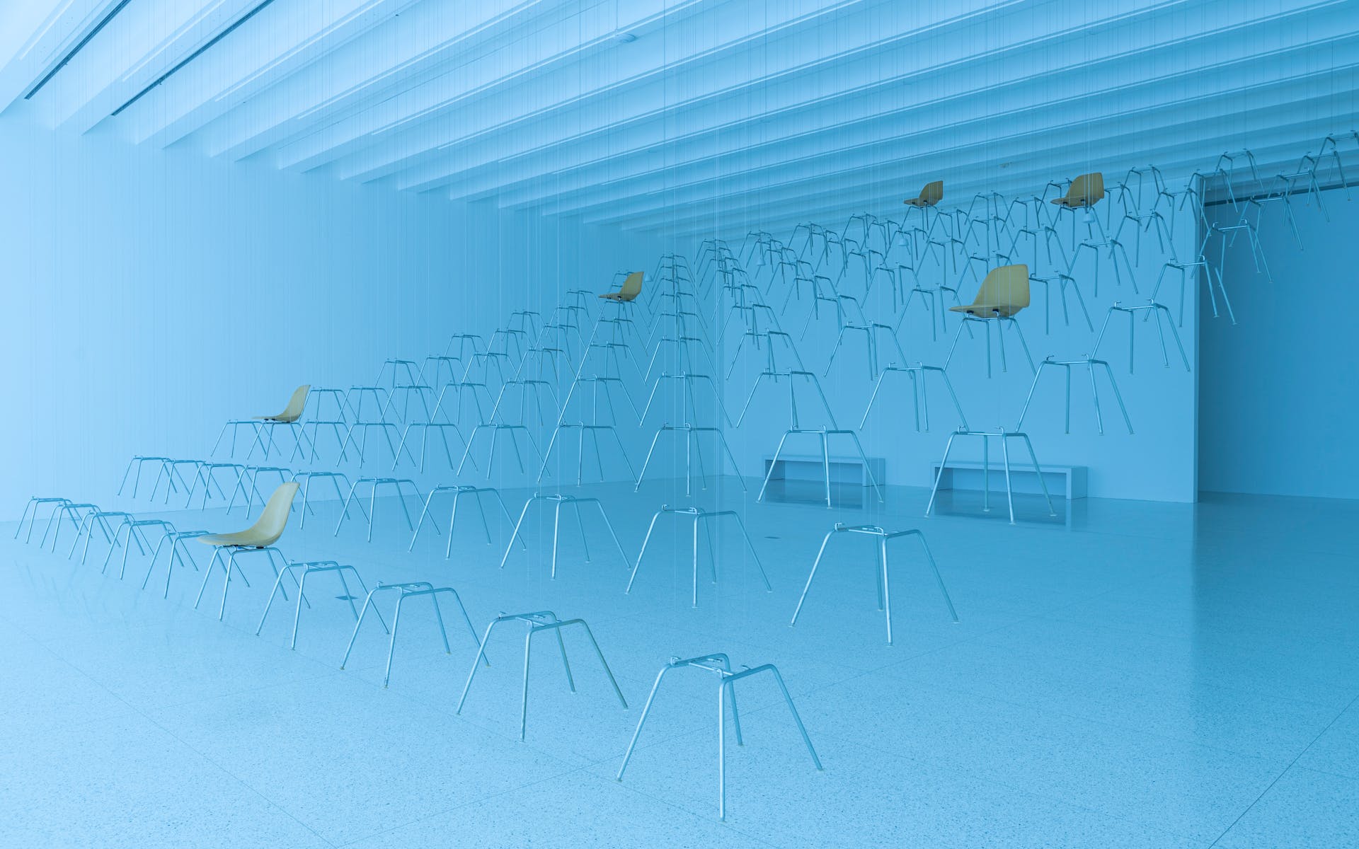 Gallery bathed in blue light with chairs and chair legs suspended from the ceiling