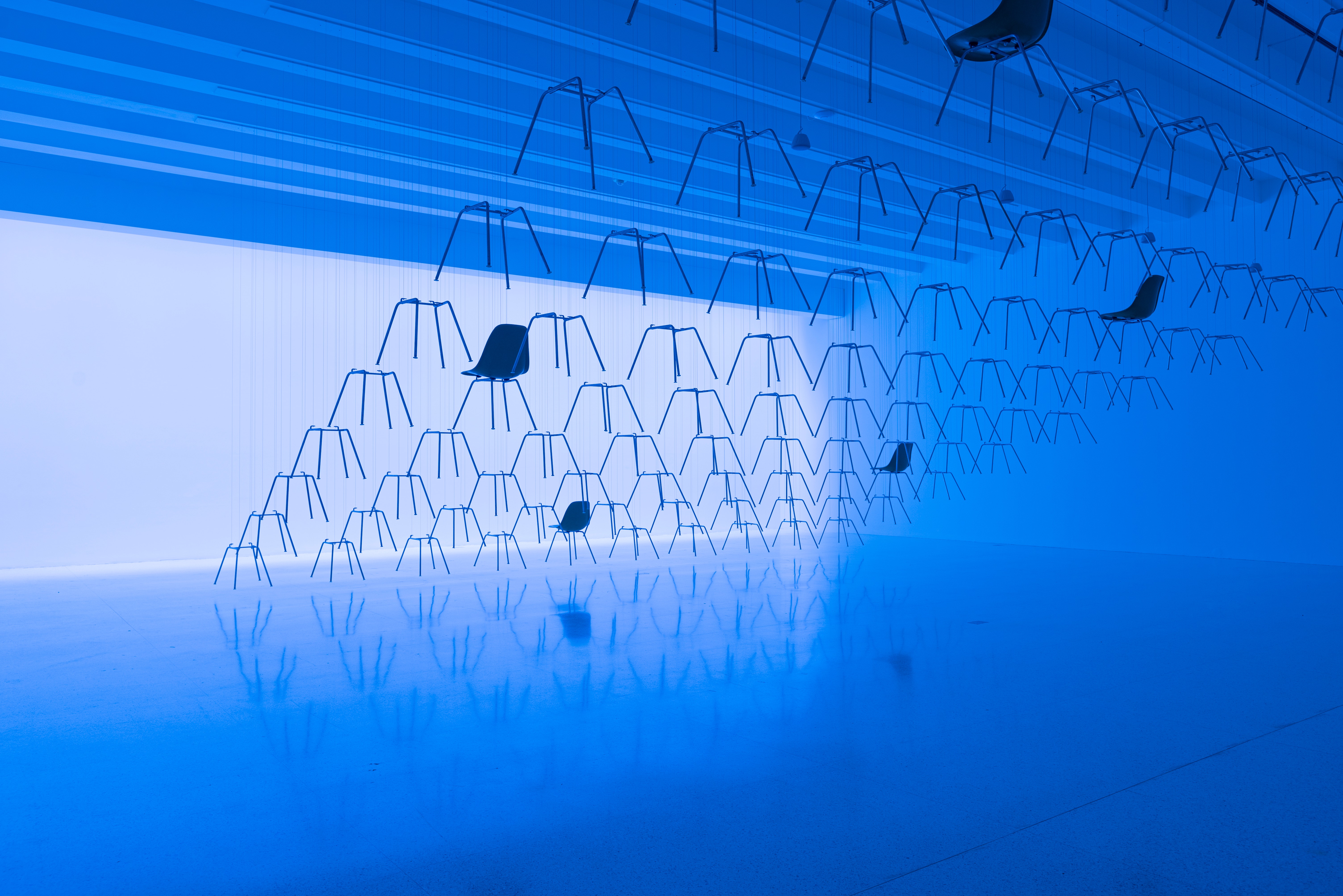 Gallery bathed in blue light with chairs and chair legs suspended from the ceiling