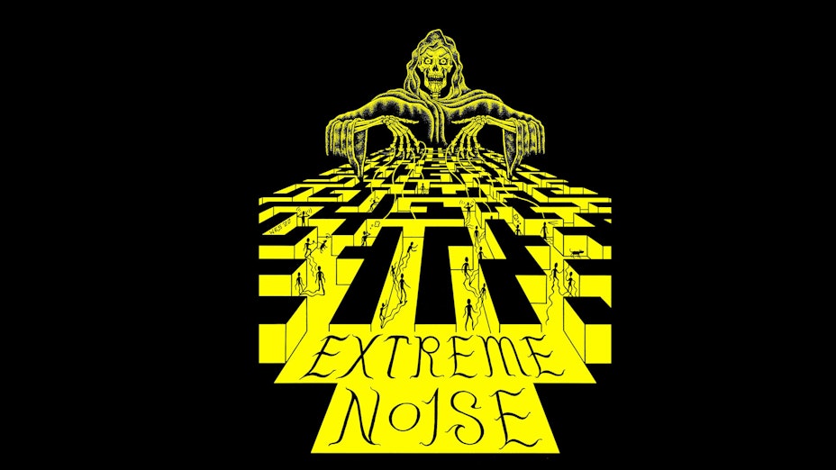 Illustration of the grim reaper looking over a maze with people running through it