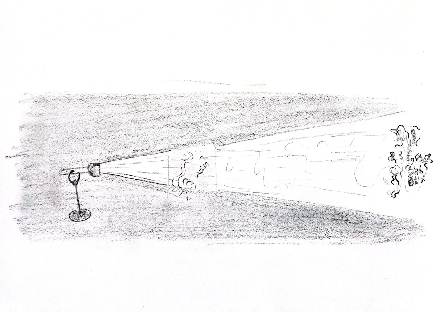 Penicl drawing of a lamp eminating light through a glass to create shapes on a wall