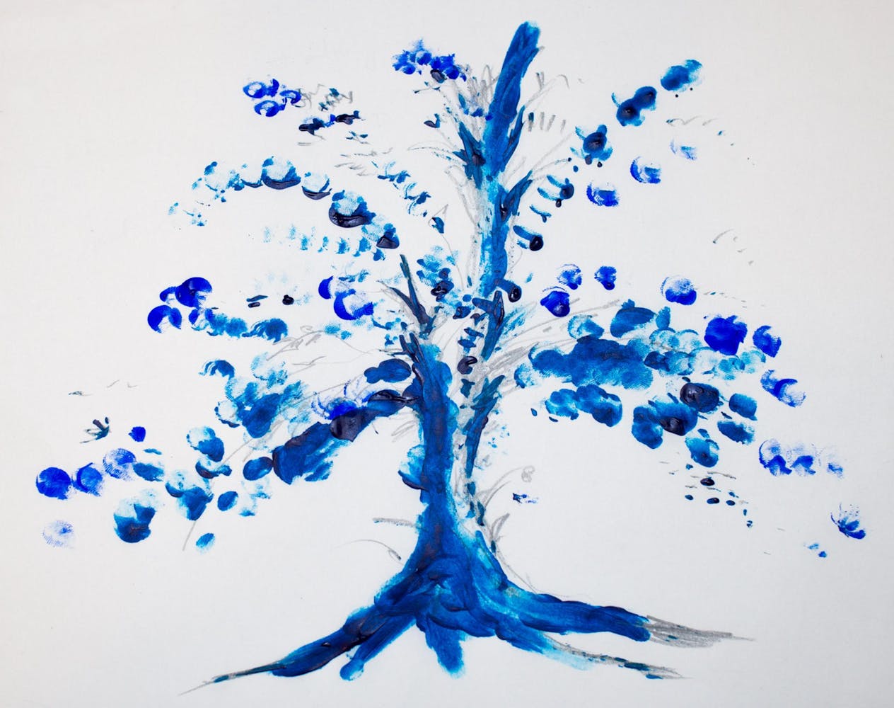 A small abstract drawing of a tree with an Asian feel done in light and dark blues, black, and gray pencil on a white background.