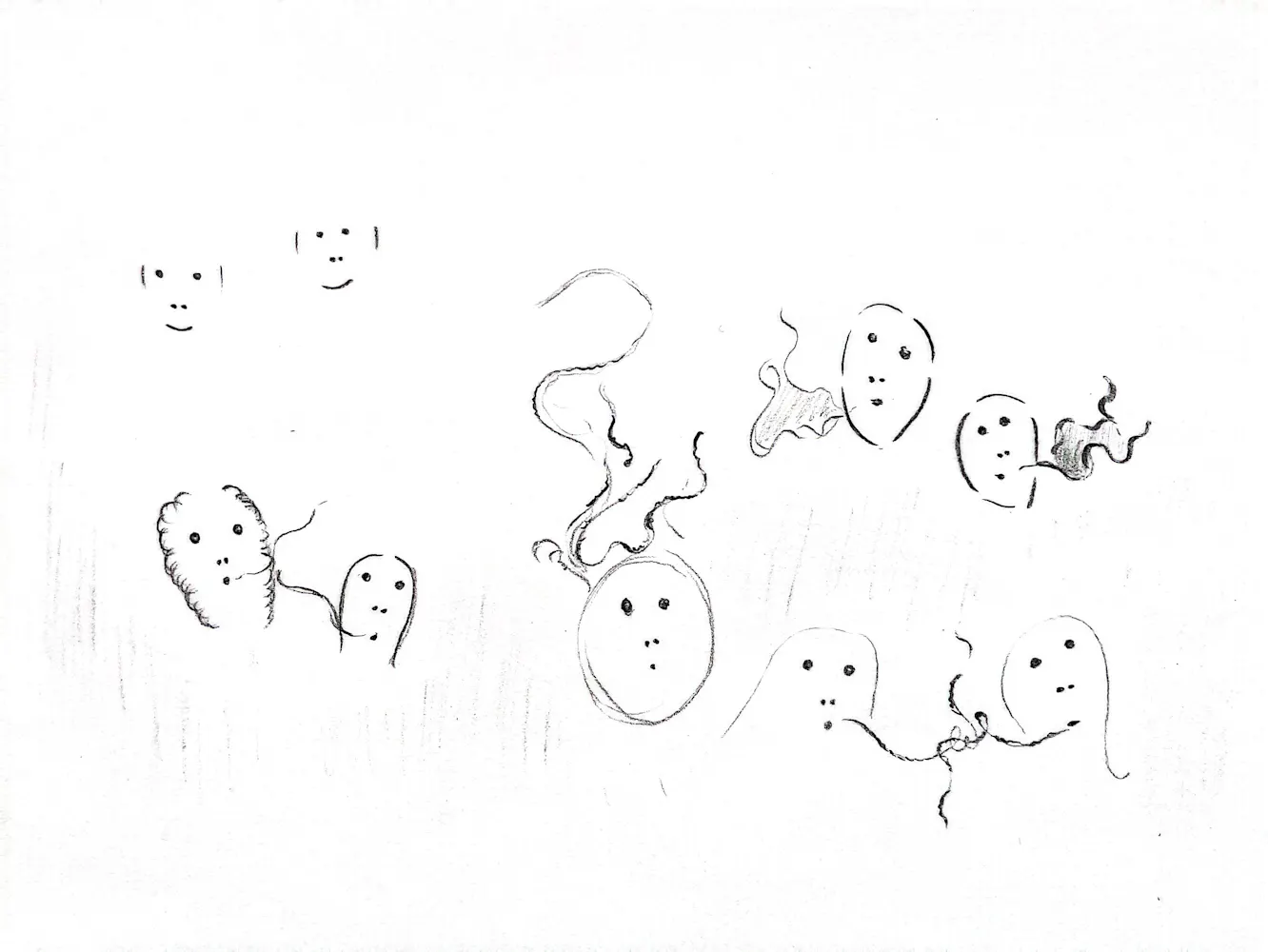 Pencil draing of faces with lines coming out of their mouths.